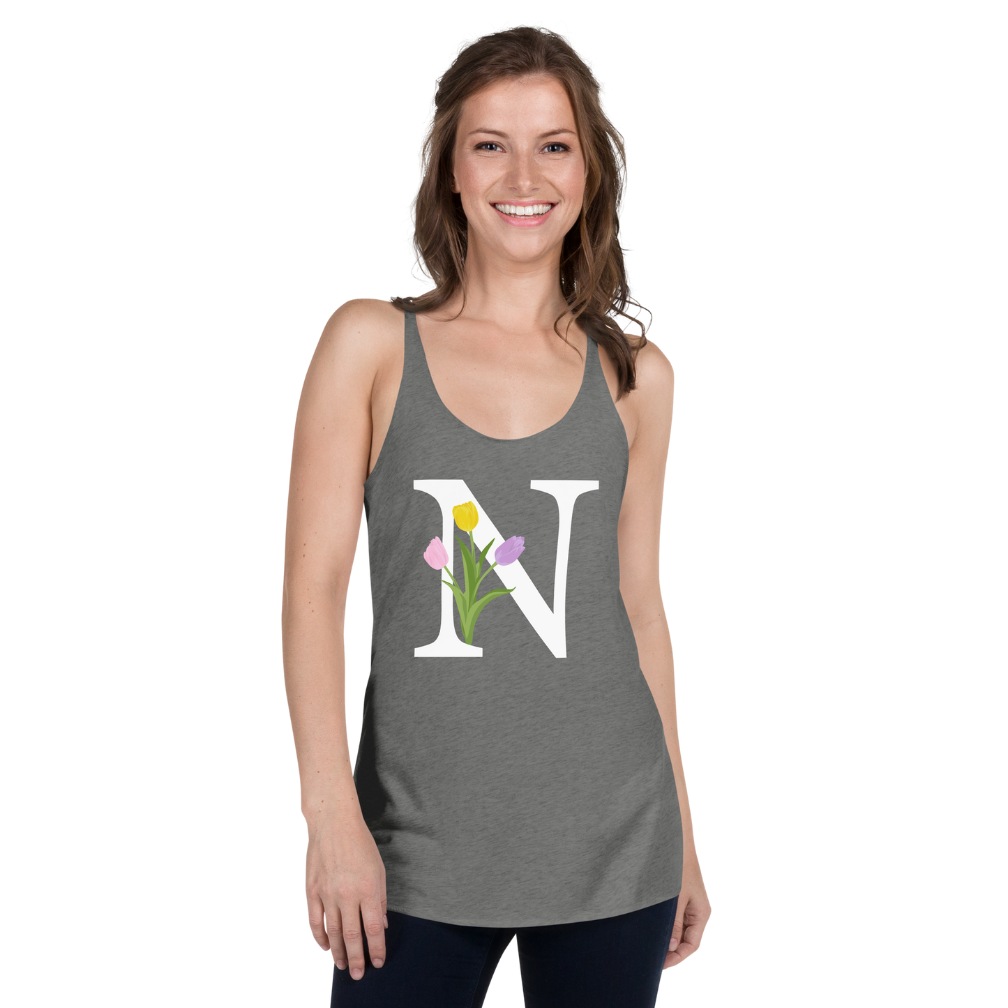 Flawless Edge Racerback Tank with Minimalist Initial 'N' with Tulips motif