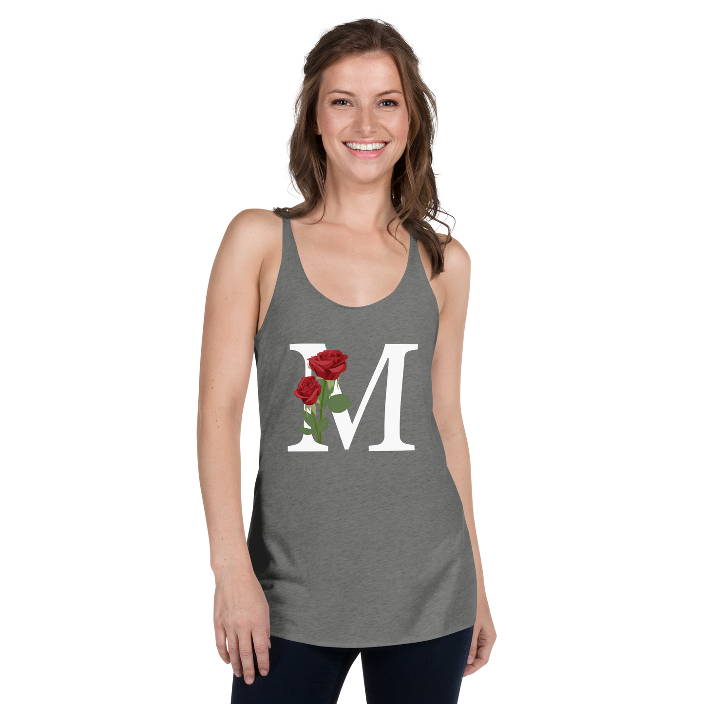 Flawless Edge Racerback Tank with Minimalist Initial 'M' with Roses motif