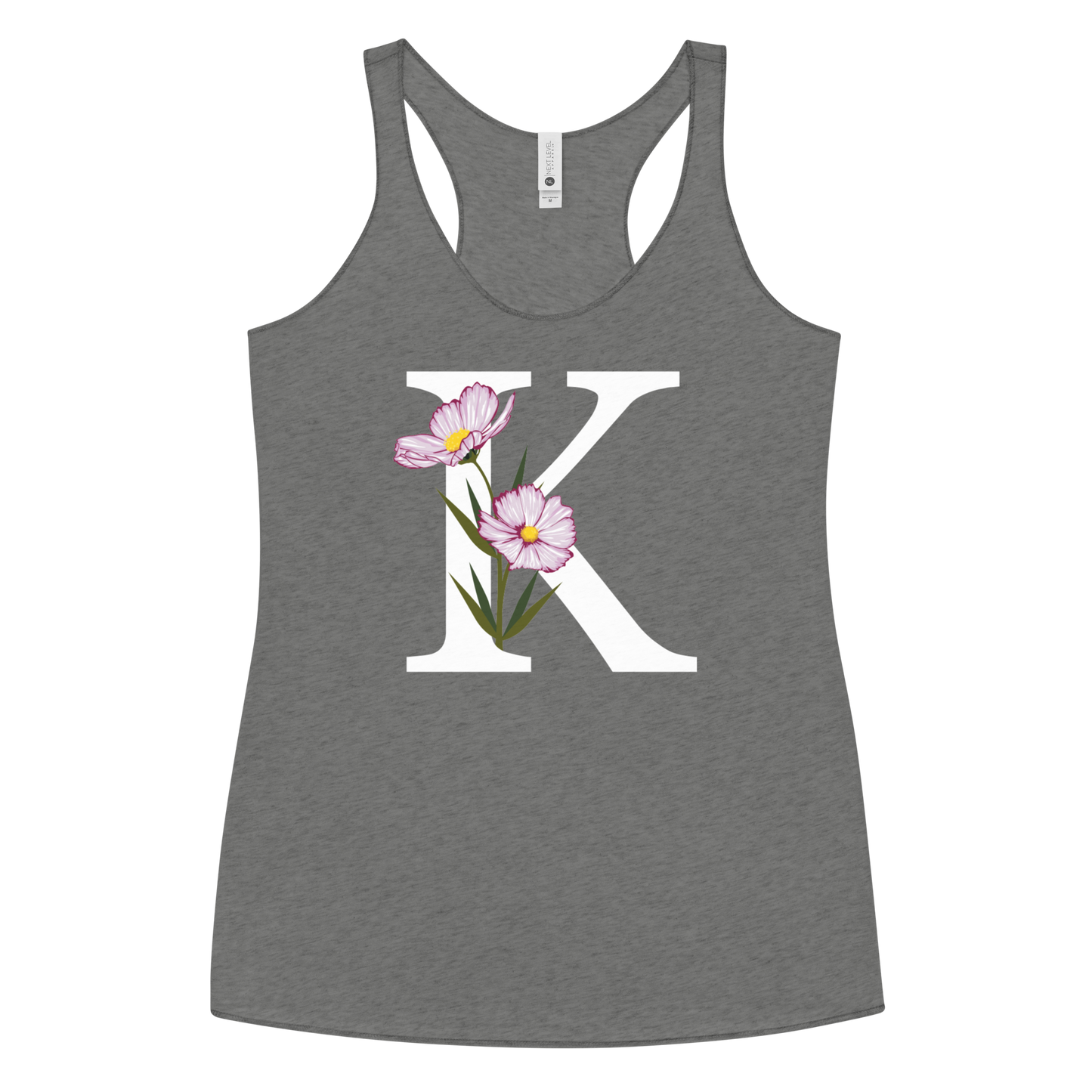 Flawless Edge Racerback Tank with Minimalist Initial 'K' with Flowers motif