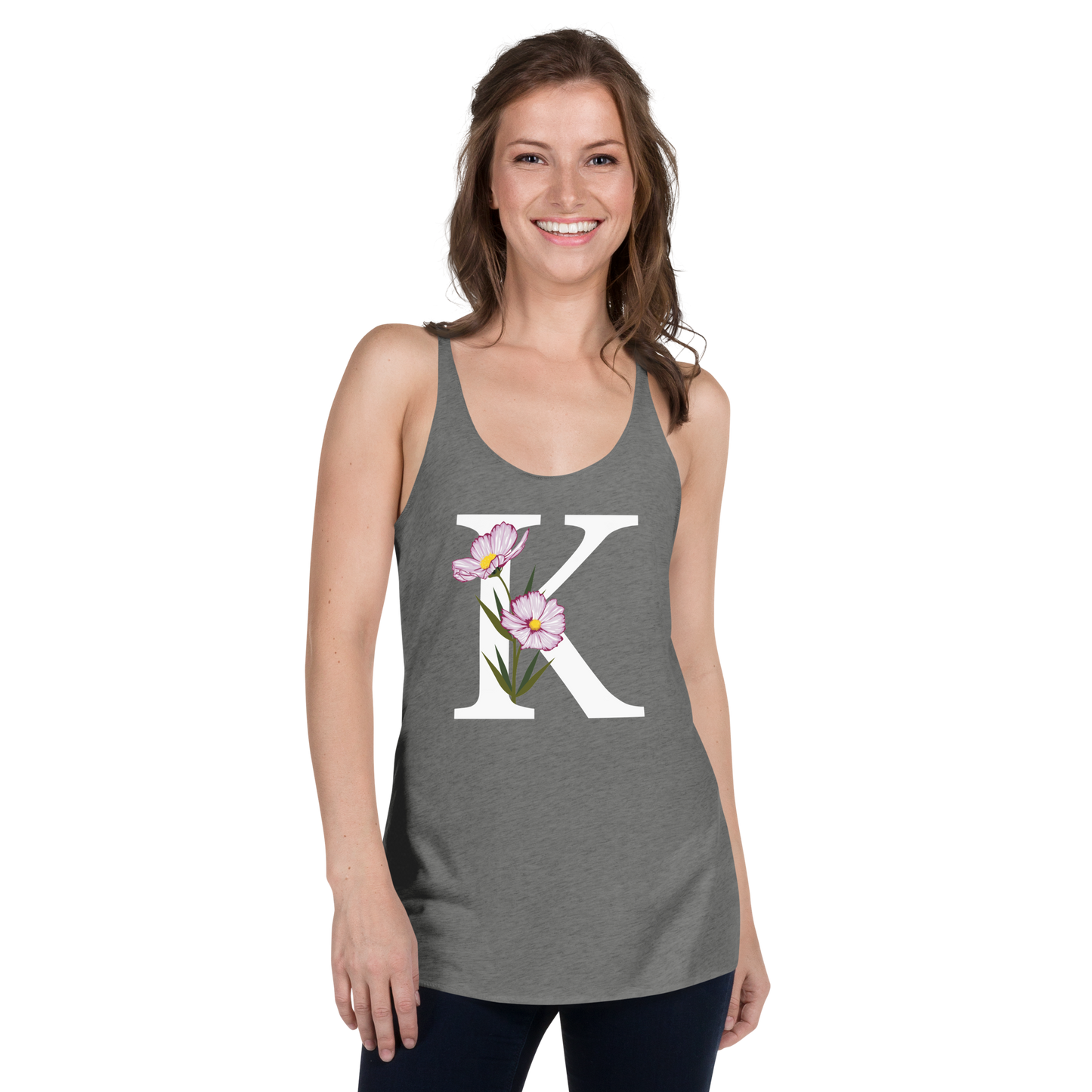 Flawless Edge Racerback Tank with Minimalist Initial 'K' with Flowers motif