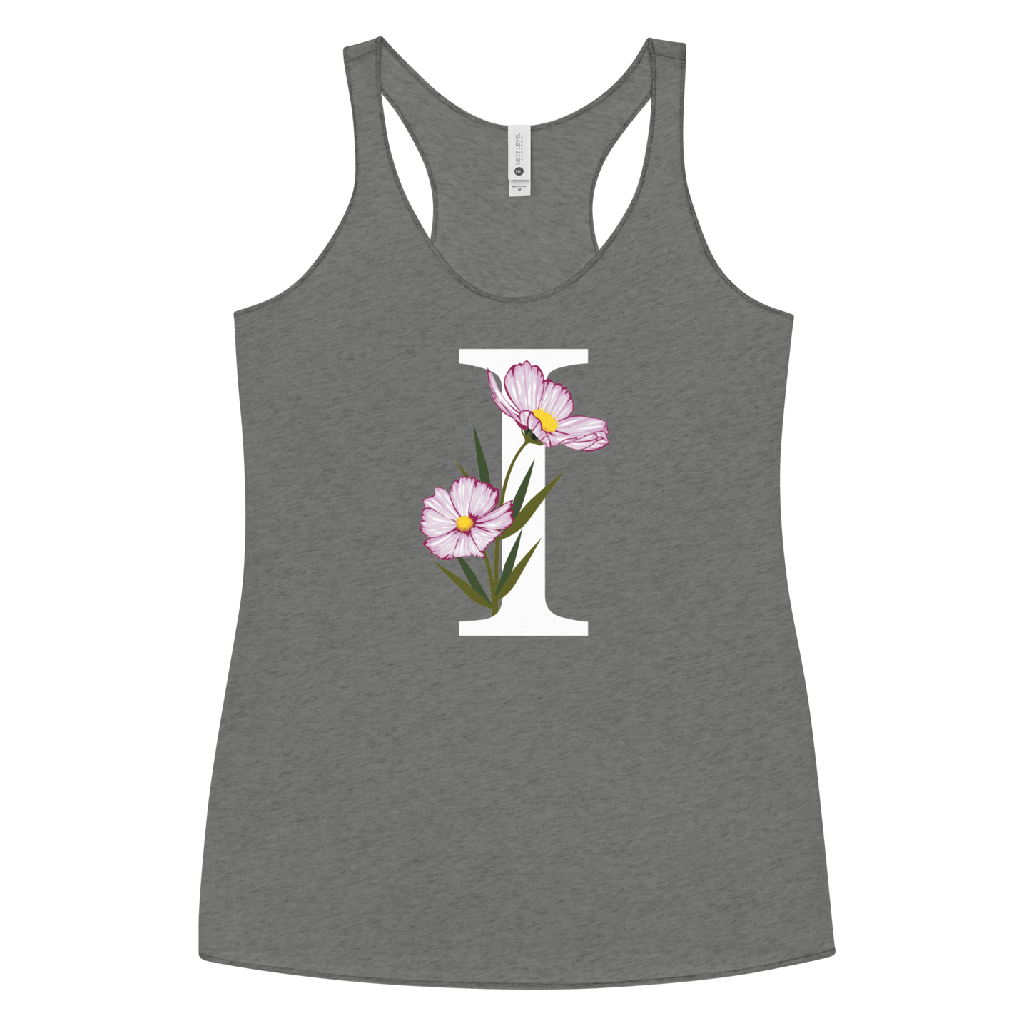 Flawless Edge Racerback Tank with Minimalist Initial 'I' with Flowers motif