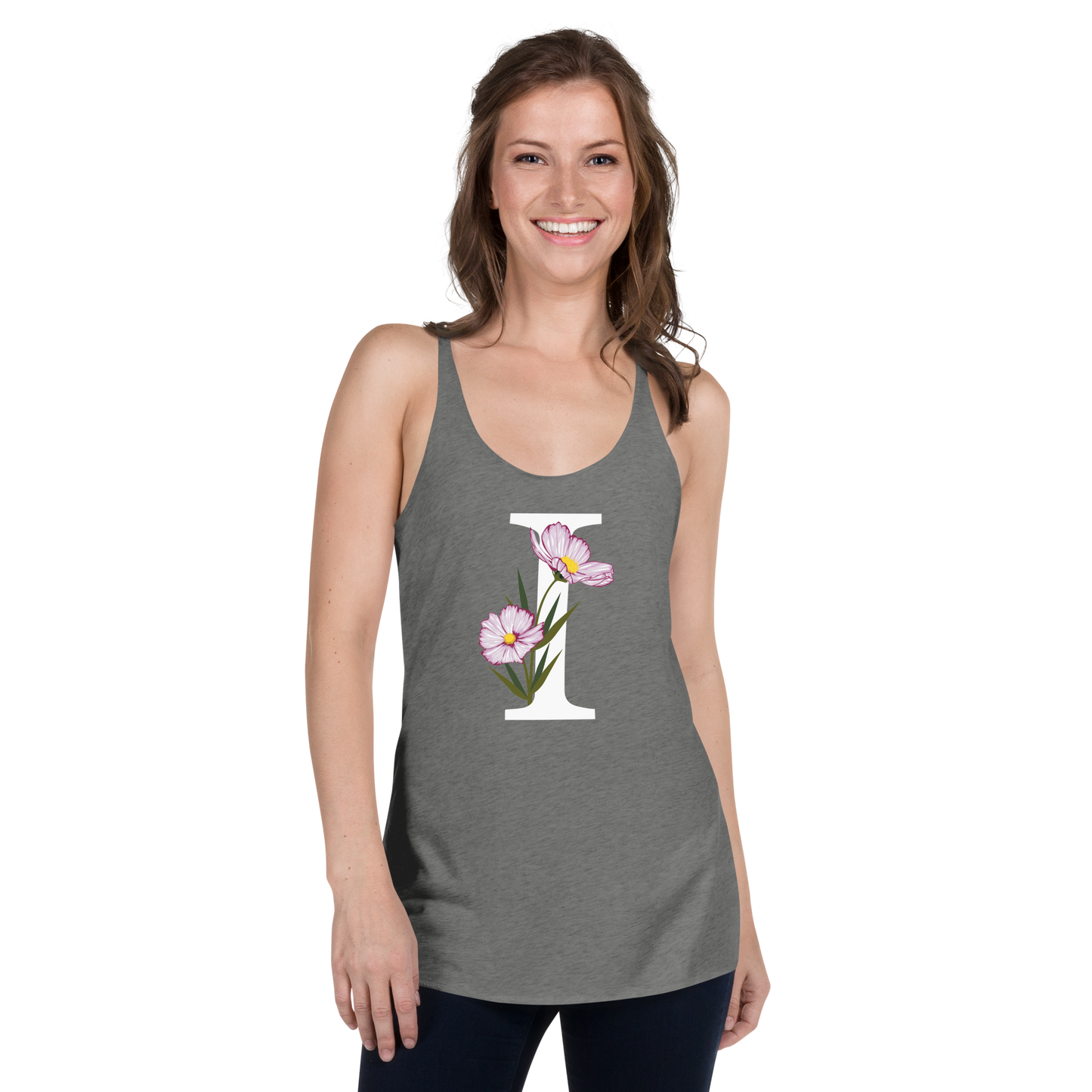 Flawless Edge Racerback Tank with Minimalist Initial 'I' with Flowers motif