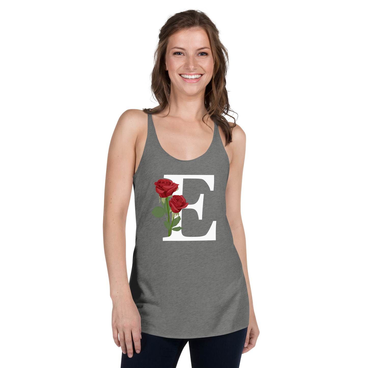 Flawless Edge Racerback Tank with Minimalist Initial 'E' with Roses motif