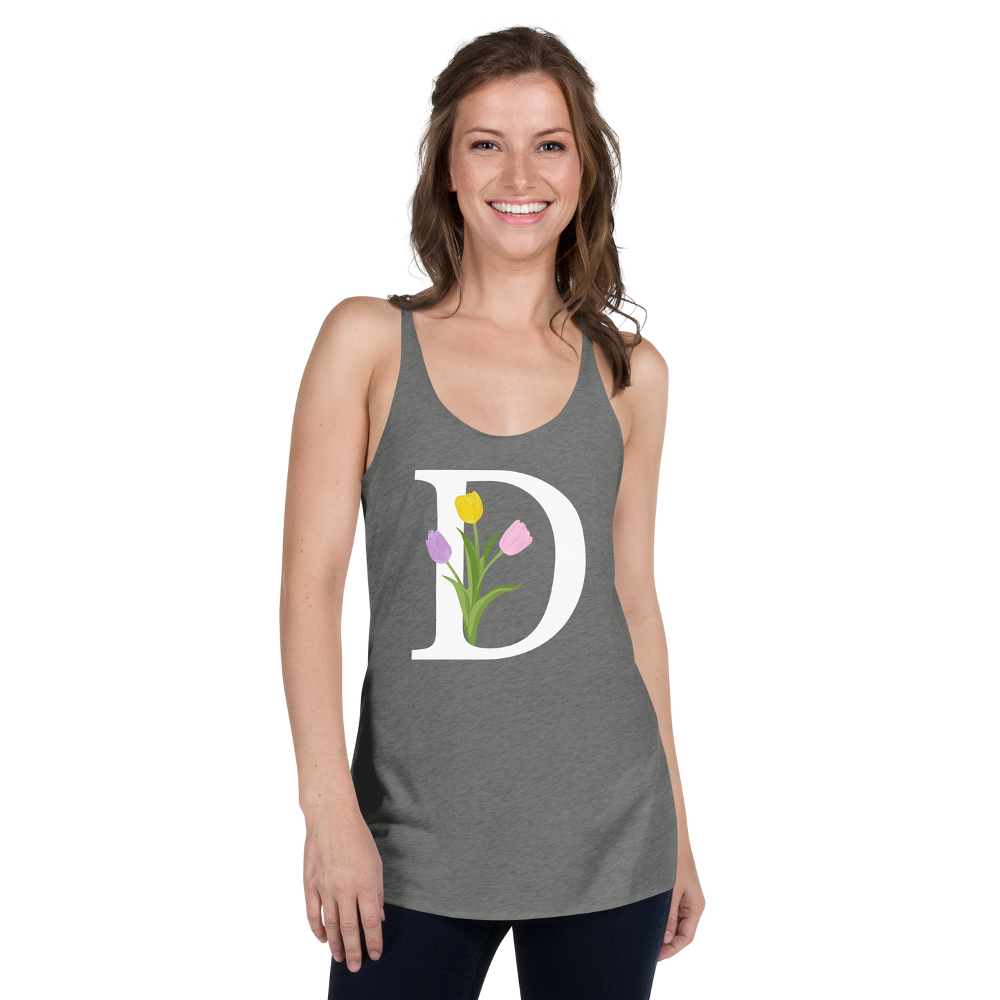 Flawless Edge Racerback Tank with Minimalist Initial 'D' with Tulips motif