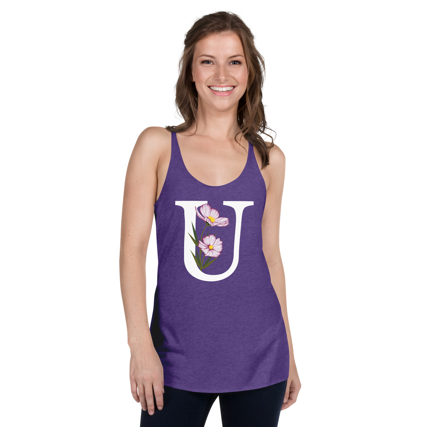 Flawless Edge Racerback Tank with Minimalist Initial 'U' with Flowers motif