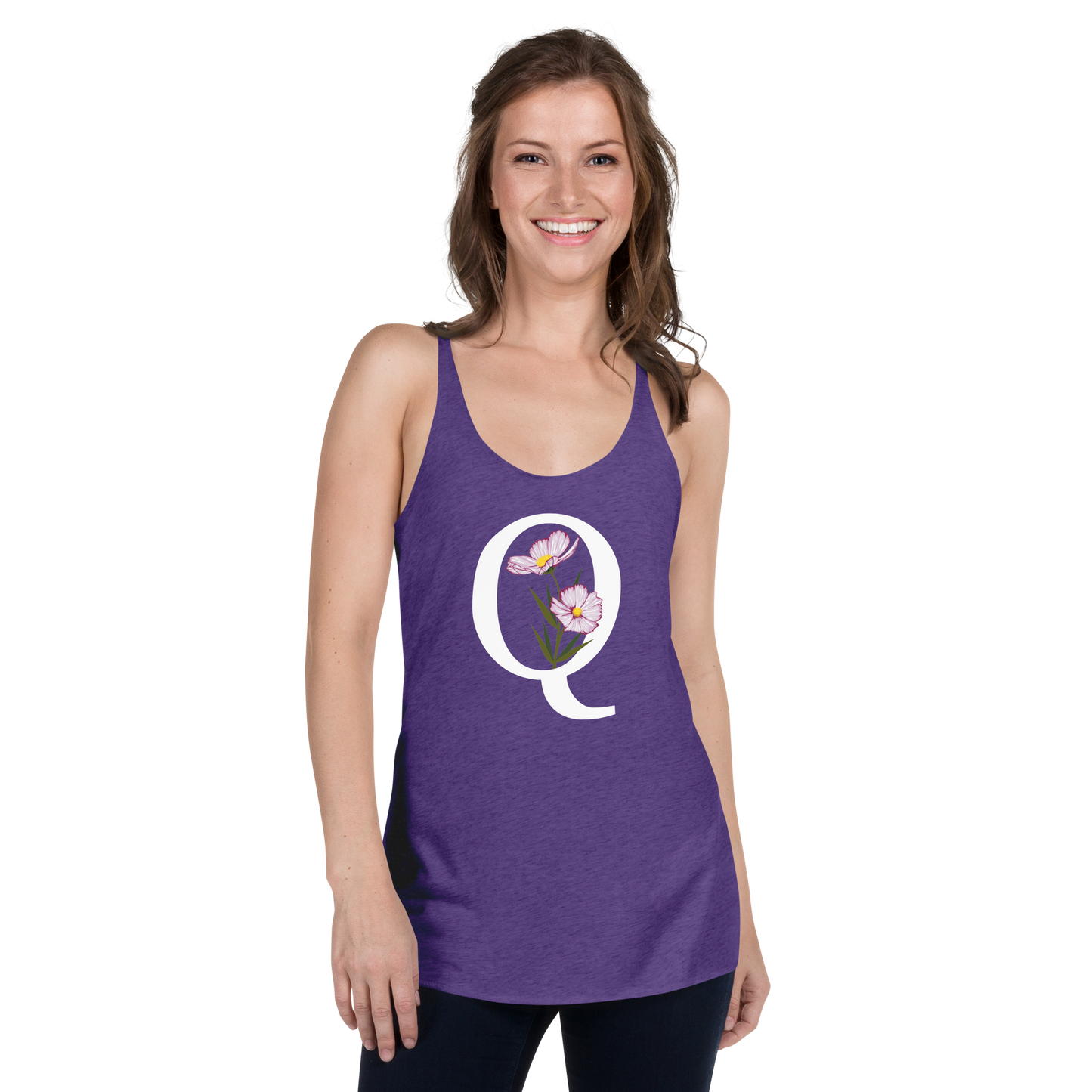 Flawless Edge Racerback Tank with Minimalist Initial 'Q' with Flowers motif