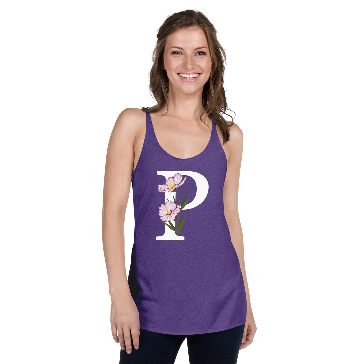 Flawless Edge Racerback Tank with Minimalist Initial 'P' with Flowers motif