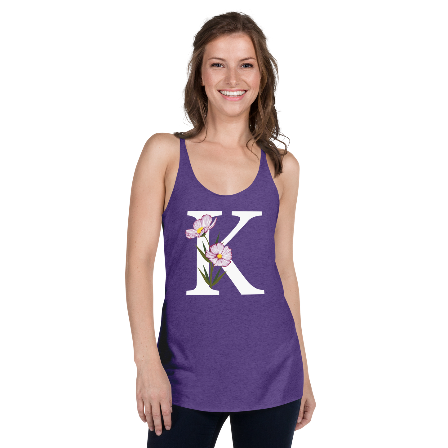 Flawless Edge Racerback Tank with Minimalist Initial 'K' with Flowers motif