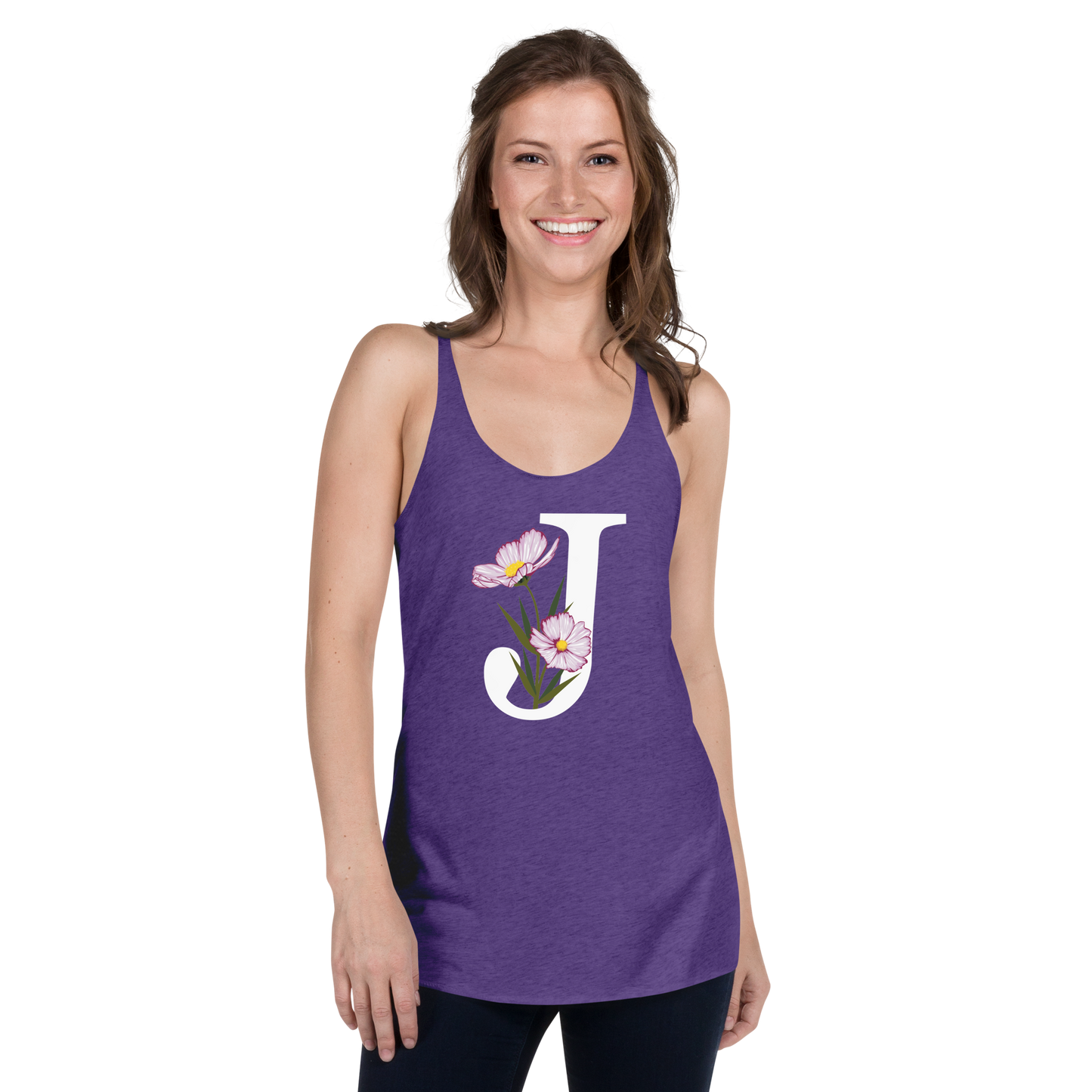 Flawless Edge Racerback Tank with Minimalist Initial 'J' with Flowers motif