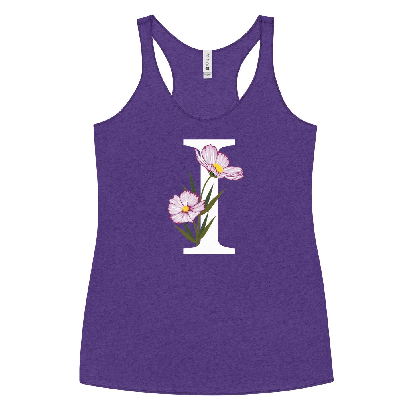 Flawless Edge Racerback Tank with Minimalist Initial 'I' with Flowers motif