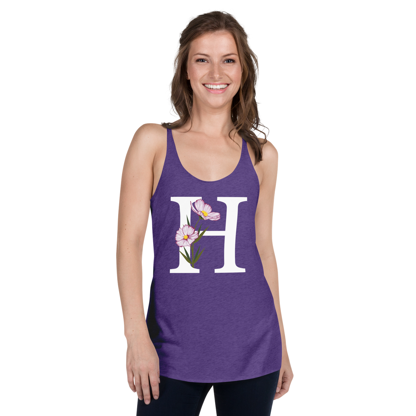 Flawless Edge Racerback Tank with Minimalist Initial 'H' with Flowers motif