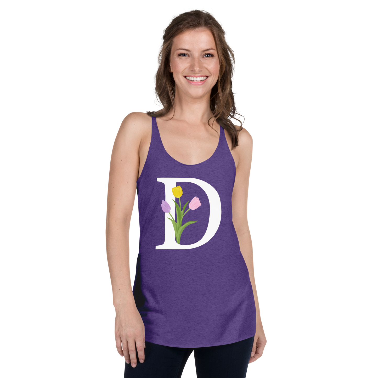 Flawless Edge Racerback Tank with Minimalist Initial 'D' with Tulips motif