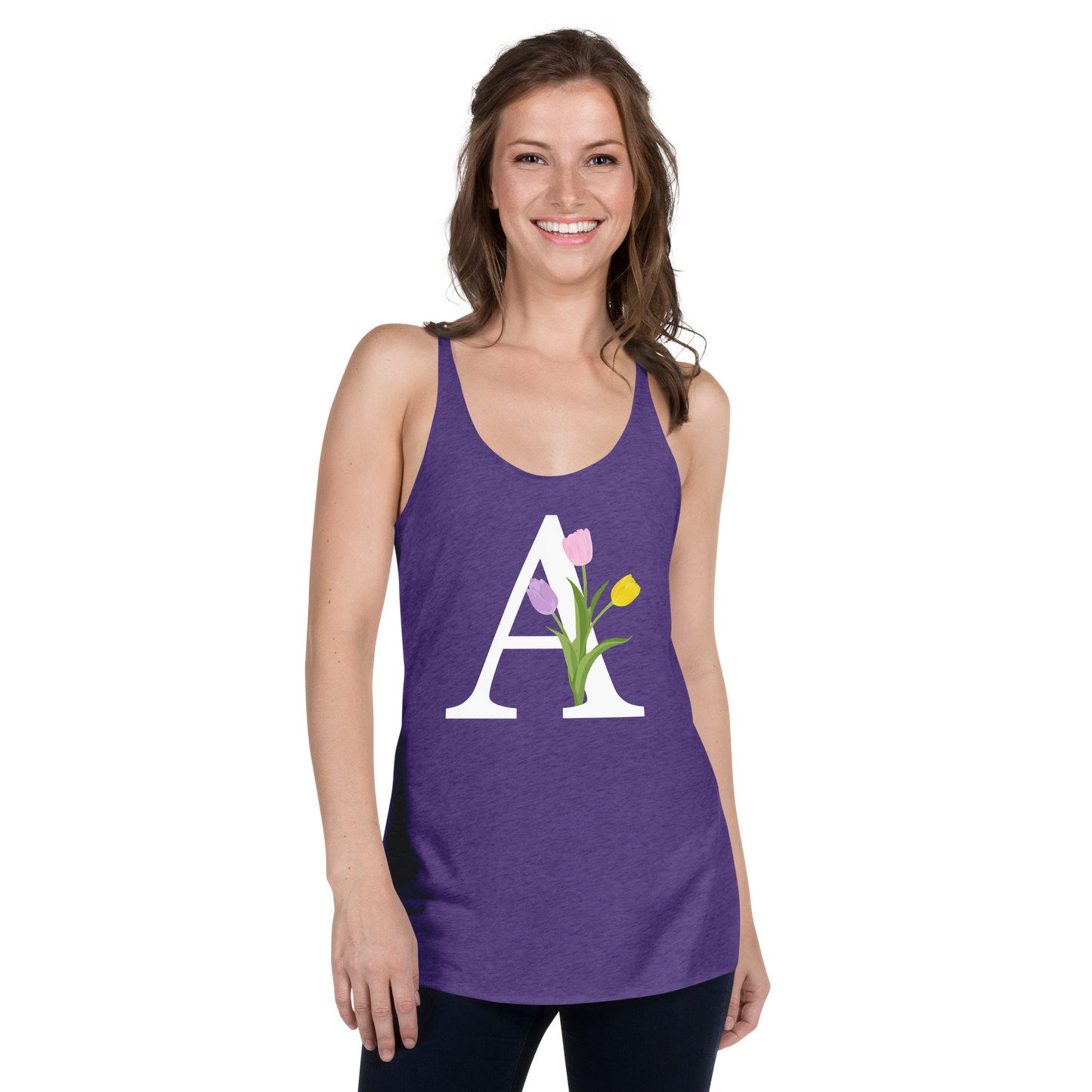 Flawless Edge Racerback Tank with Minimalist Initial 'A' with Tulips motif